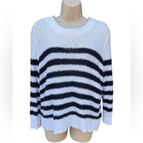 H & M Womens black /White Stripes Sweater Zip Back Cotton Round Neck - Picture 1 of 4